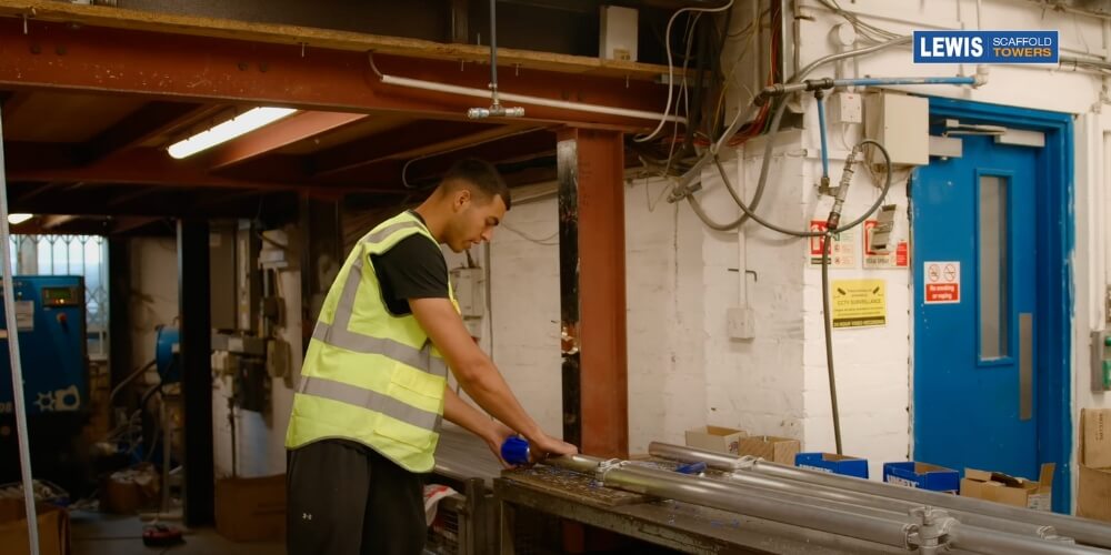 Scaffold Stabiliser – How It’s Made 9 blue stabiliser feet installation